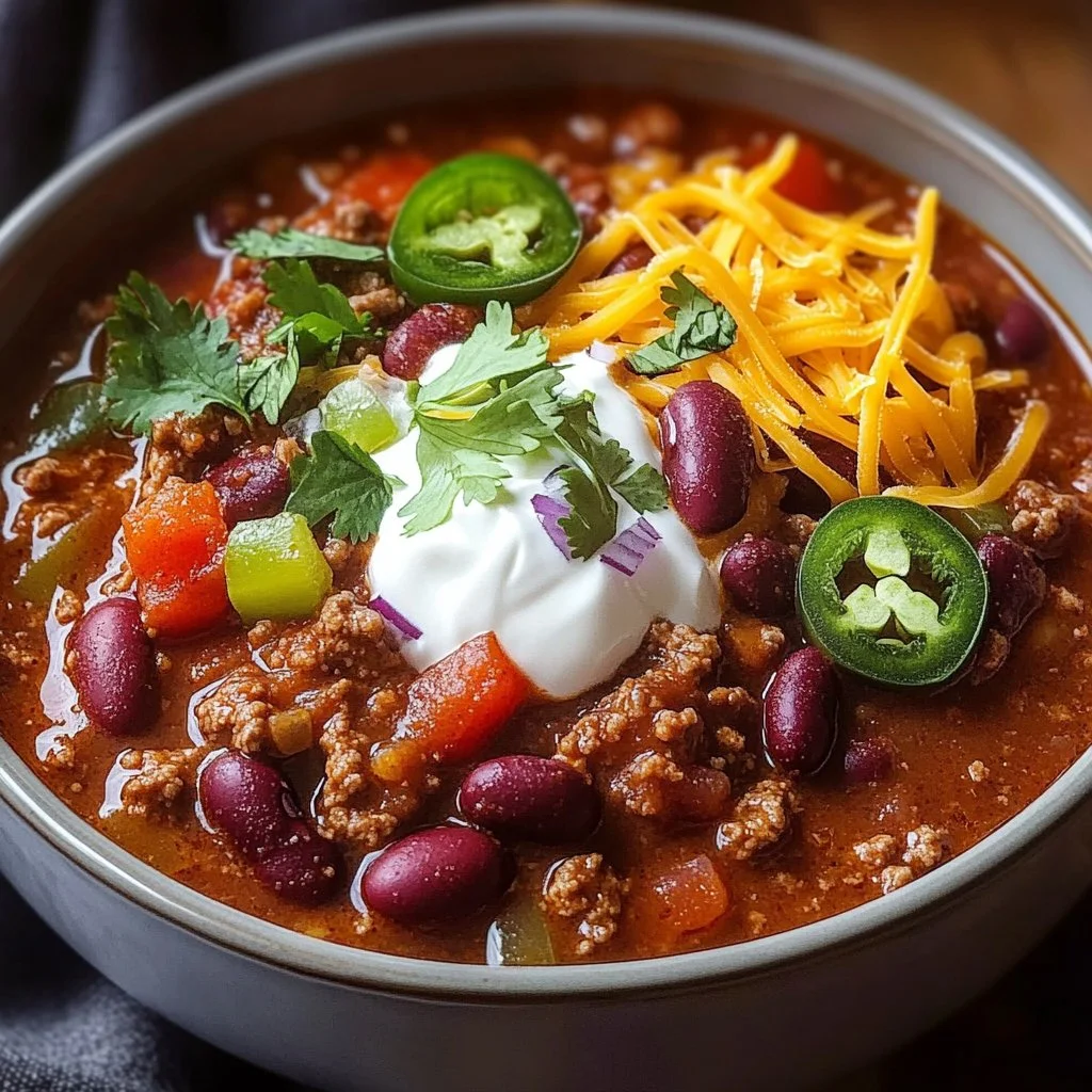 Bowl of savory slow-cooked spicy bean and beef chili topped with fresh herbs