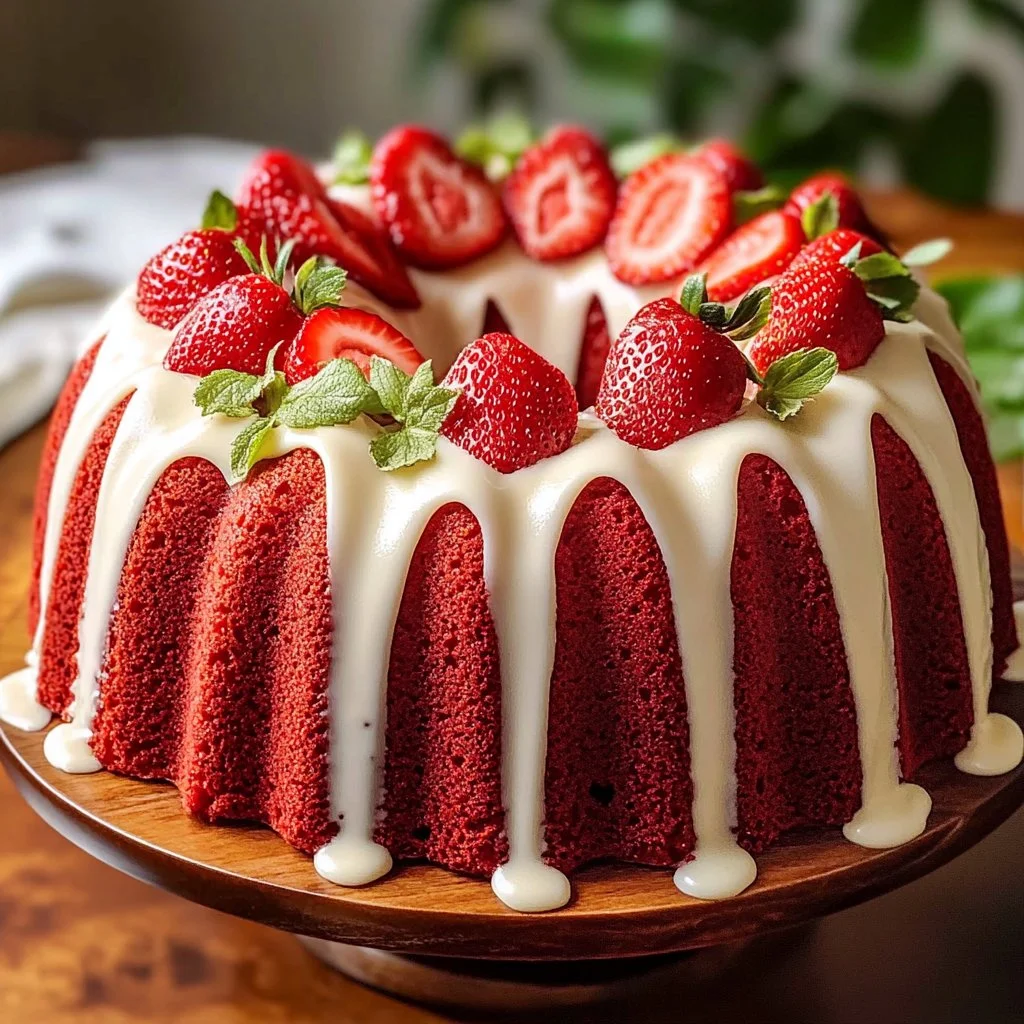 Delicious and moist Strawberry Bundt Cake topped with fresh strawberries.