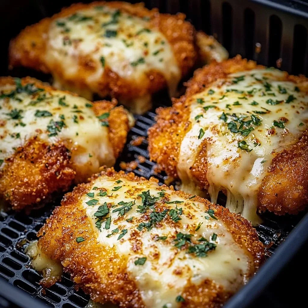 Plate of Air Fryer Chicken Parmesan with pasta and marinara sauce.