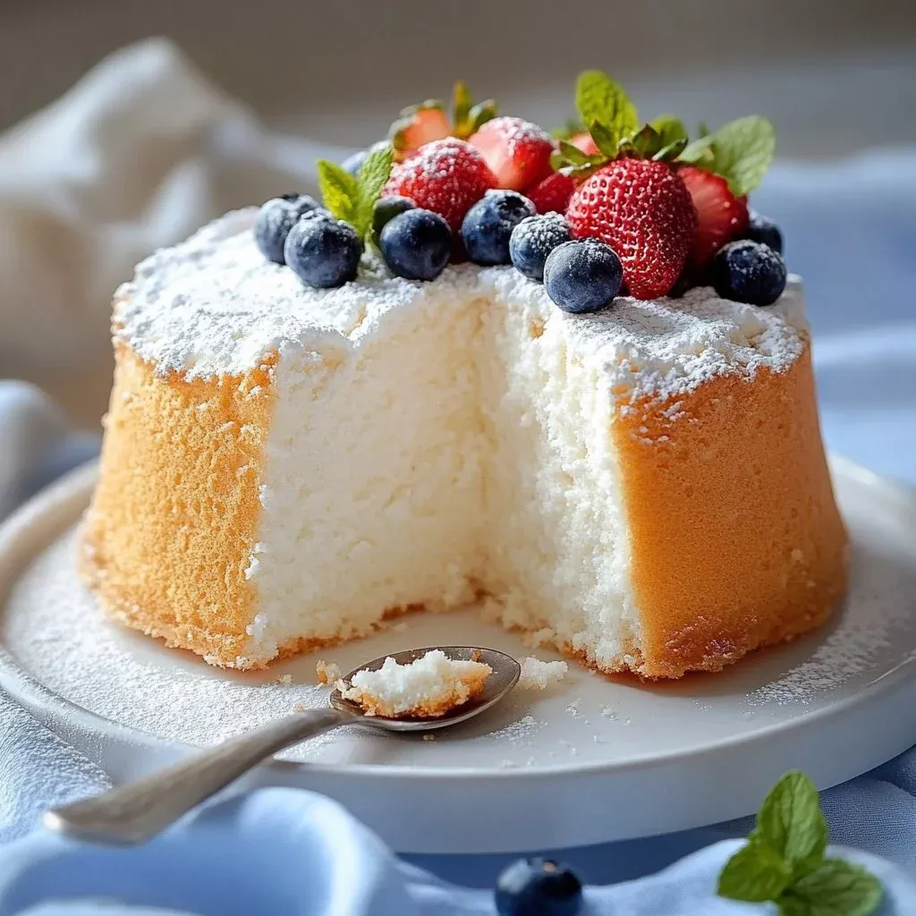 Deliciously fluffy Angel Food Cake topped with fresh berries
