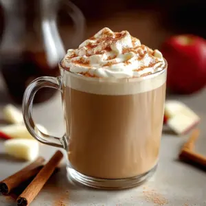 Delicious Apple Spiced Latte in a cozy autumn setting with spices and apple slices.