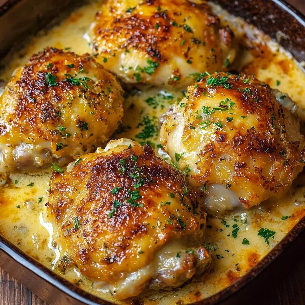 Baked Keto Cheesy Ranch Chicken Thighs garnished with herbs and served on a plate