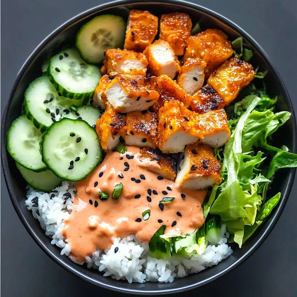 Delicious Bang Bang Chicken Bowl with vibrant vegetables and spicy sauce.