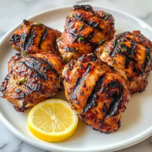 Deliciously grilled BBQ chicken thighs served on a plate with herbs