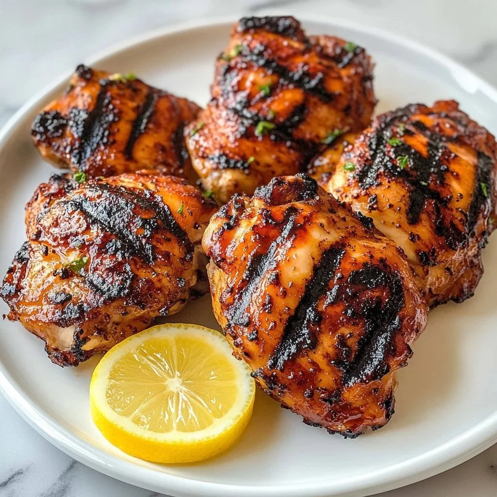Deliciously grilled BBQ chicken thighs served on a plate with herbs