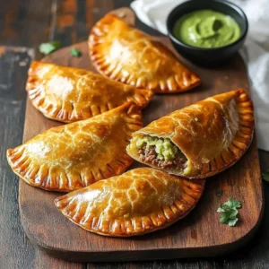 Delicious beef empanadas on a plate, golden brown and flaky.