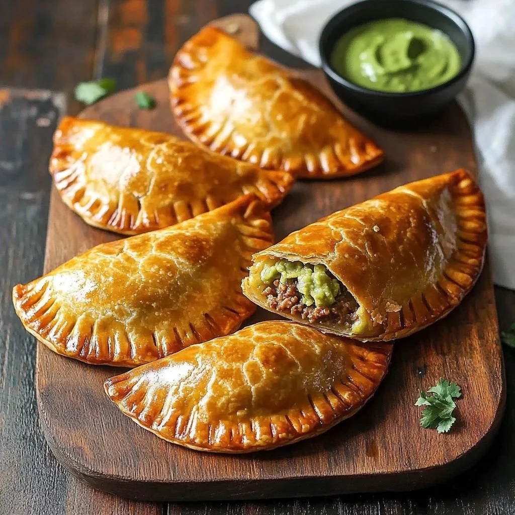 Delicious beef empanadas on a plate, golden brown and flaky.