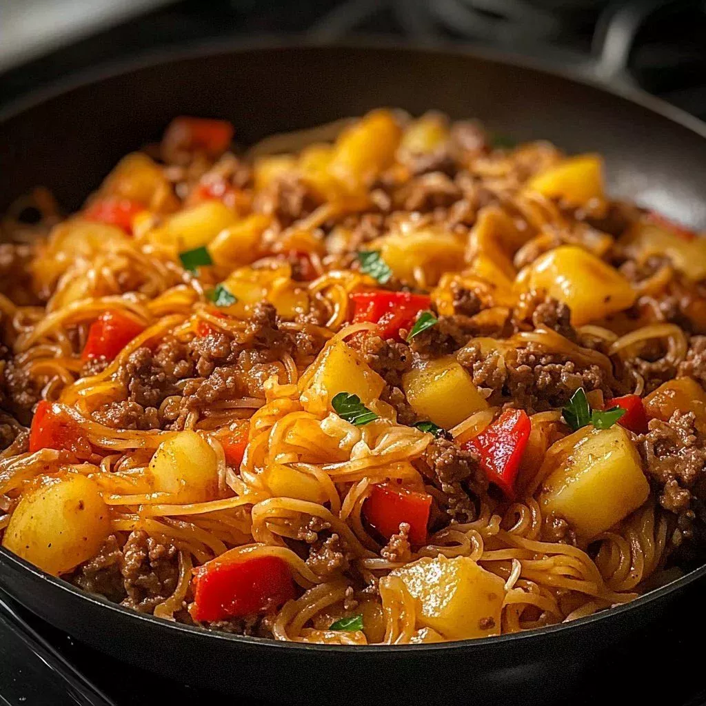 Delicious Beef, Potatoes, and Noodles dish served with fresh herbs