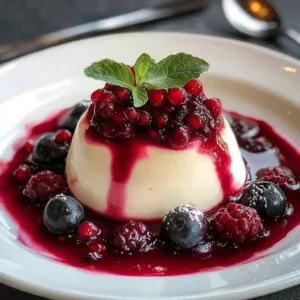 Dessert plate featuring Berry Sauce Panna Cotta drizzled with berry sauce.