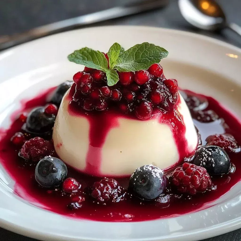 Dessert plate featuring Berry Sauce Panna Cotta drizzled with berry sauce.