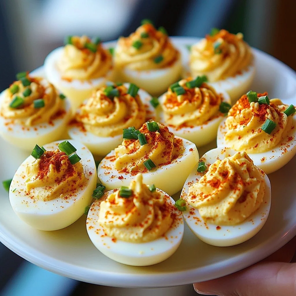 Classic deviled eggs arranged on a plate, garnished with paprika and herbs.