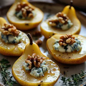 Delicious blue cheese stuffed pears with walnuts on a serving platter