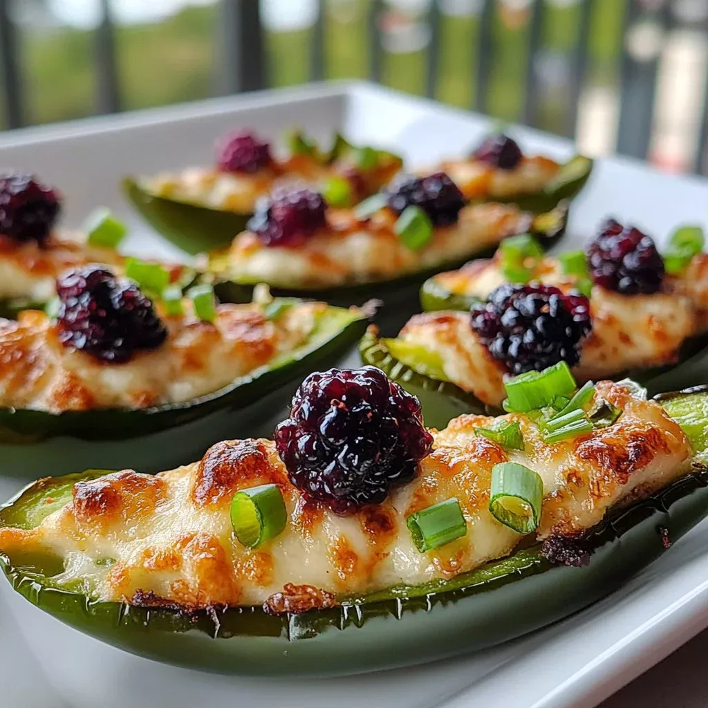 Blueberry Brie Jalapeño Bites on a platter with fresh blueberries and jalapeños