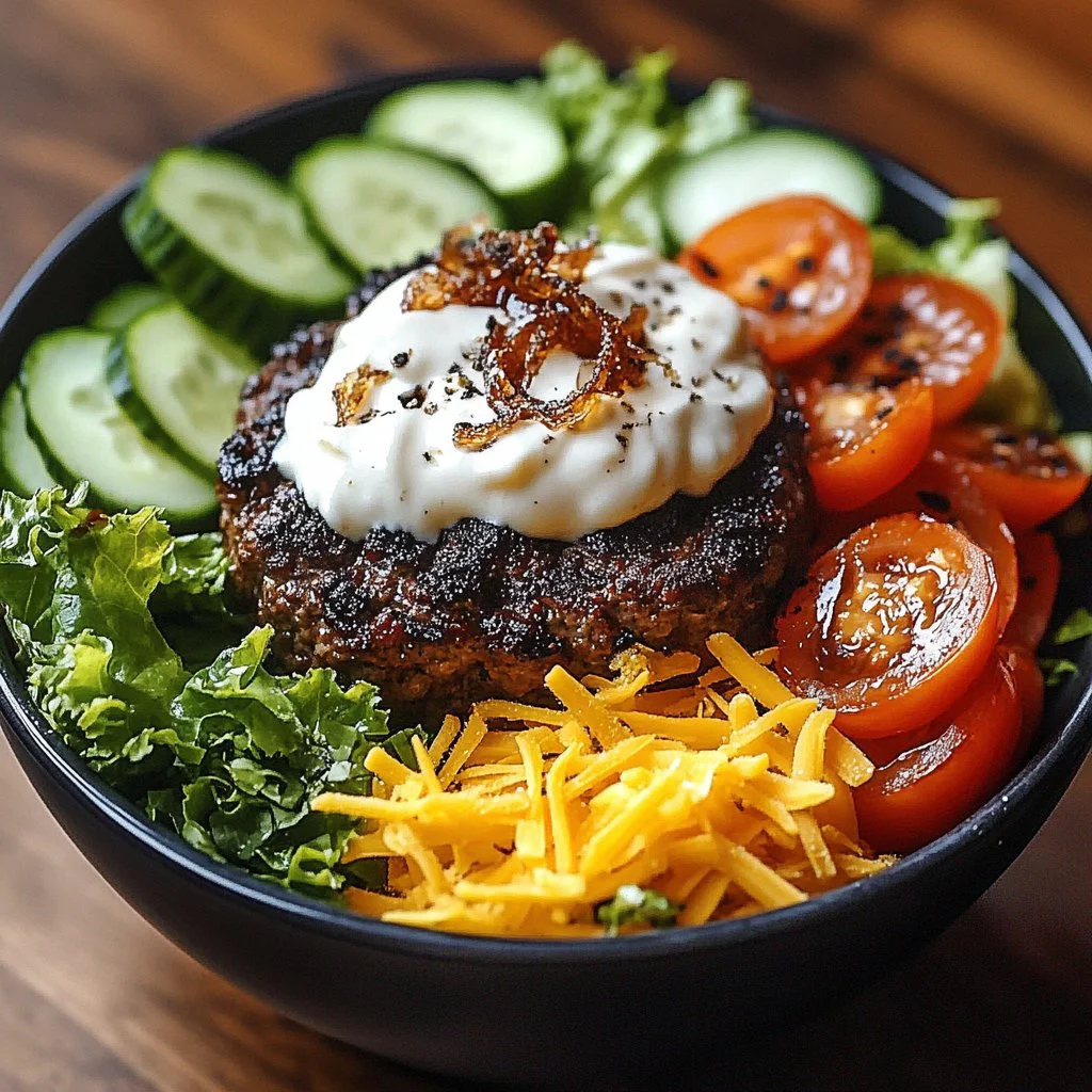 Burger Bowls with caramelized onion aioli garnished with fresh ingredients