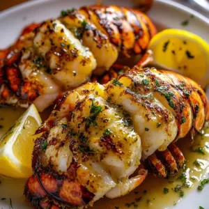 Buttered garlic lobster tails served on a plate with lemon wedges.