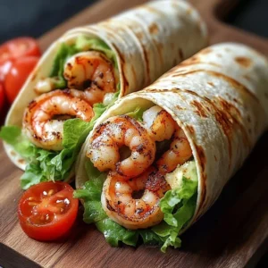 Caesar-style grilled shrimp wraps ready to be served on a plate.