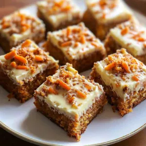 Delicious Carrot Cake Blondie Bars topped with cream cheese frosting.