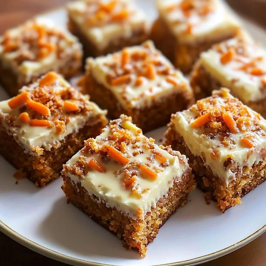 Delicious Carrot Cake Blondie Bars topped with cream cheese frosting.