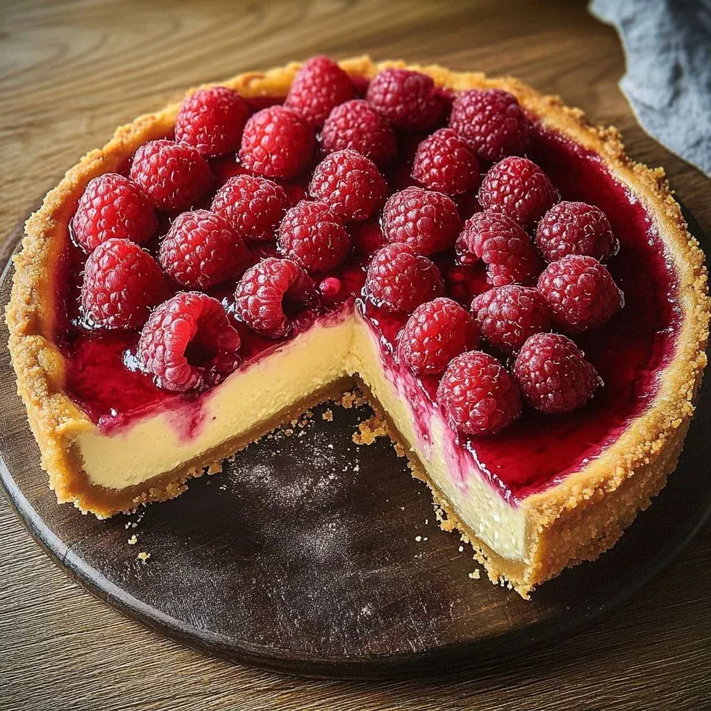 Charred raspberry cheesecake with a rich creamy texture and fresh raspberries on top.