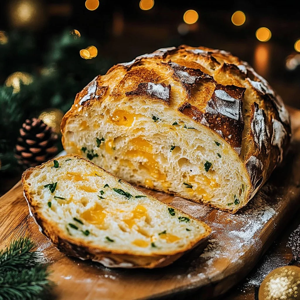 Freshly baked Cheddar and Herb Soda Bread loaf on a wooden cutting board.