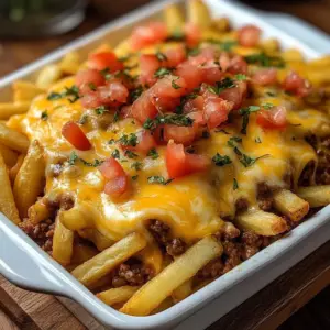 Delicious Cheeseburger Fry Casserole topped with crispy fries and cheese