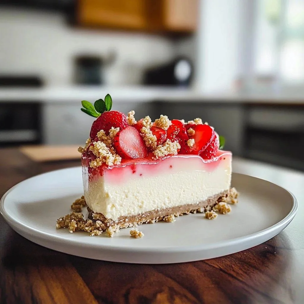 Delicious cheesecake topped with fresh strawberries and whipped cream