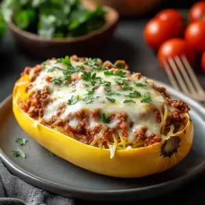 Cheesy garlic and herb spaghetti squash served with meat sauce in a bowl.
