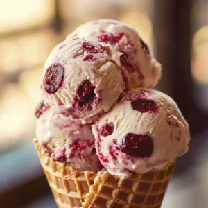 Delicious cherry ice cream in a bowl with fresh cherries on top.
