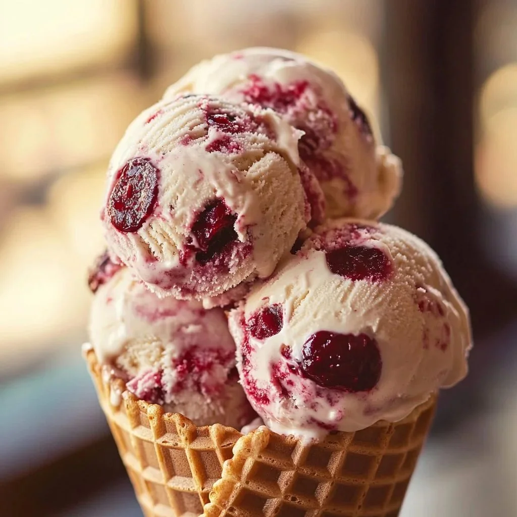 Delicious cherry ice cream in a bowl with fresh cherries on top.