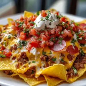 Chicago Style Italian Nachos topped with melted cheese and savory toppings