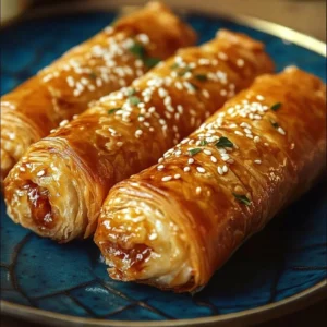 Chili Honey Feta Rolls garnished with herbs and served on a plate.