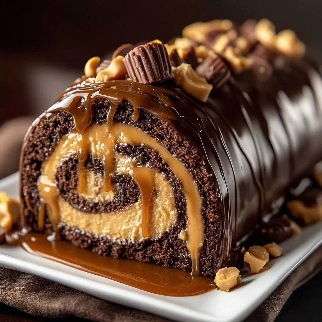 Chocolate Roll dessert topped with Peanut Butter Cups on a plate.