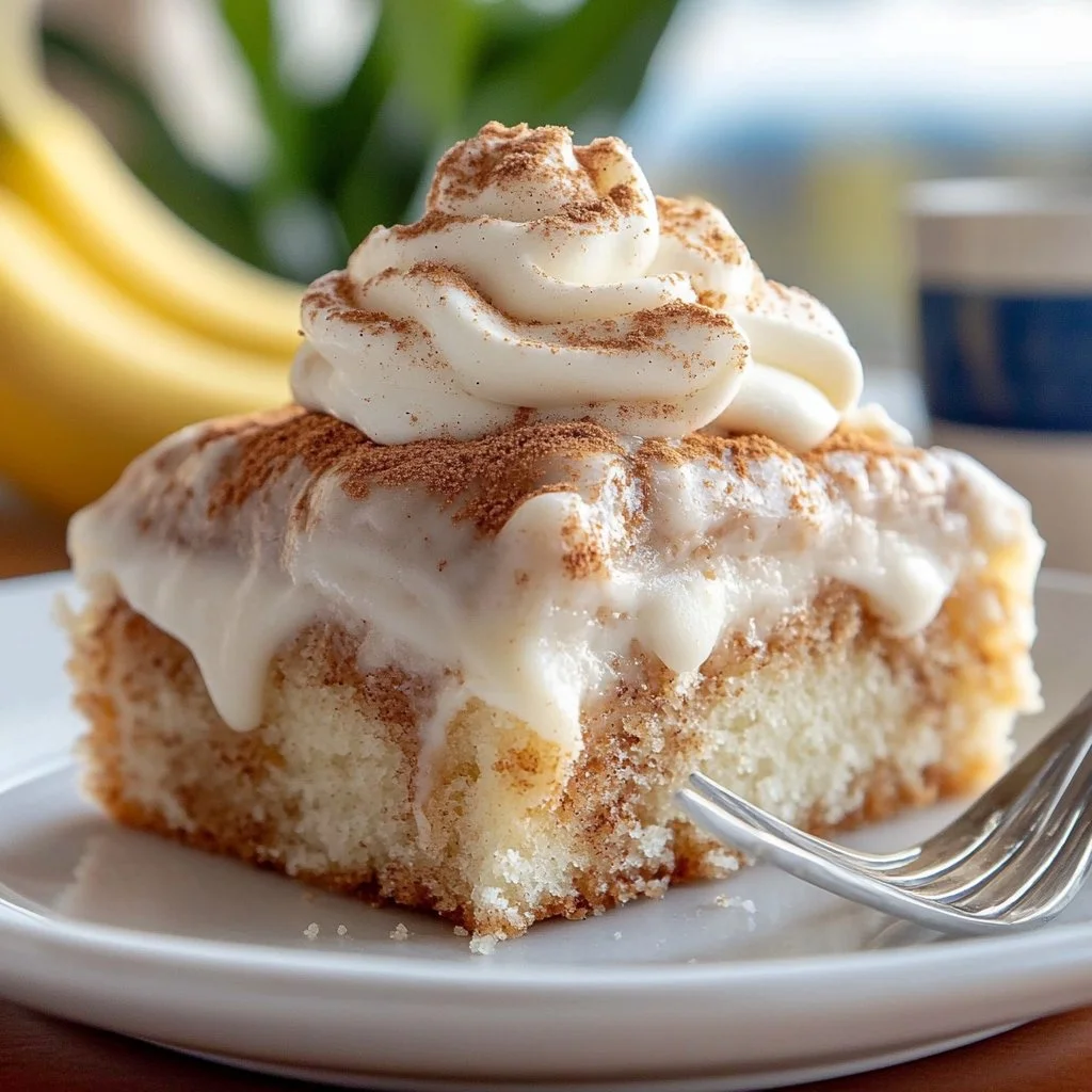 Cinnamon roll swirled poke cake topped with icing and served on a plate.