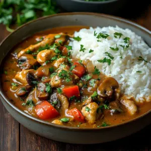 Plate of Classic Creole Chicken Étouffée with rice and fresh herbs