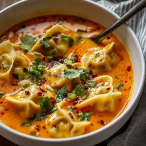 Bowl of coconut curry dumpling soup with vibrant herbs and spices