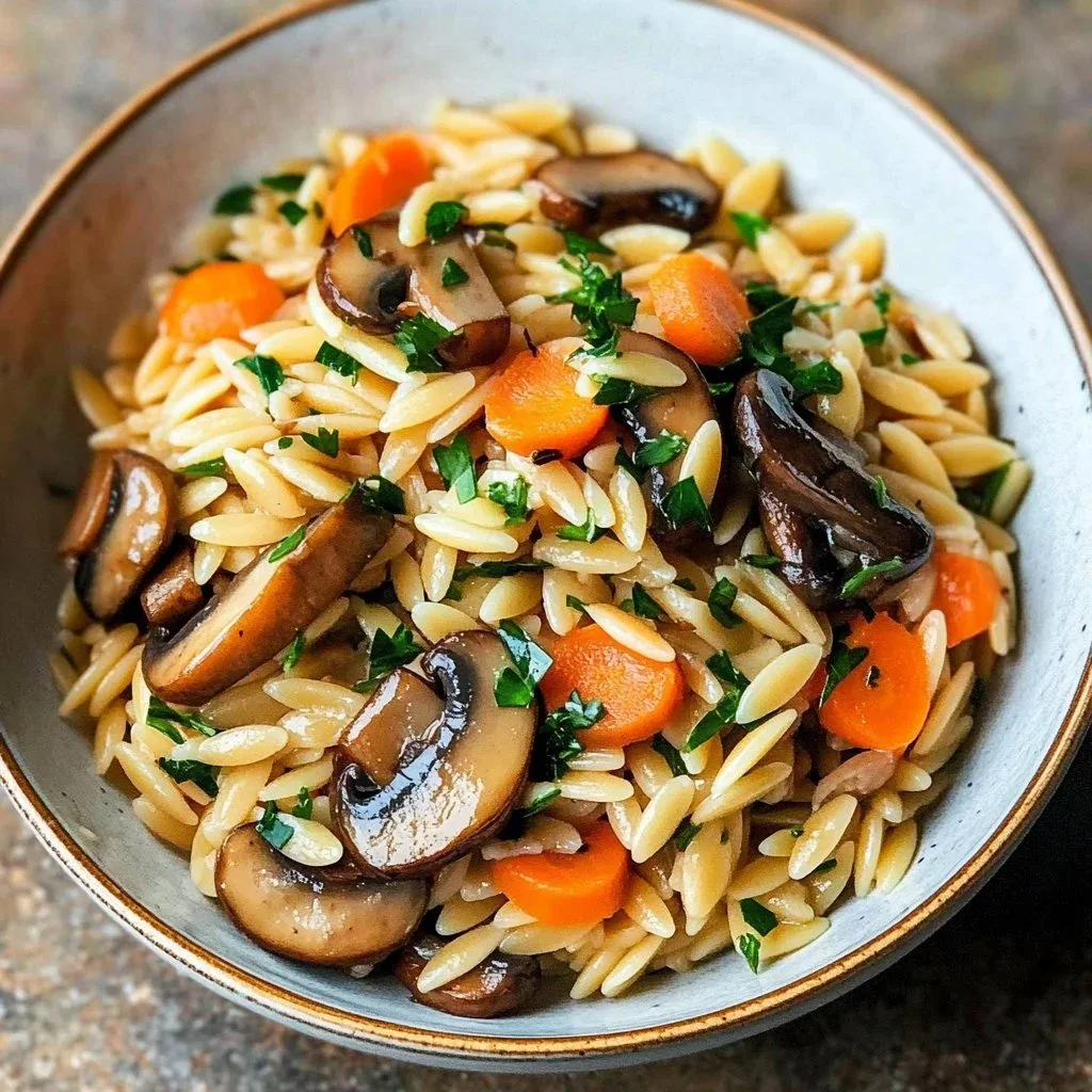 Colorful veggie orzo skillet dish with assorted vegetables
