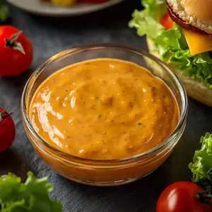 Homemade Big Mac Sauce recipe with ingredients and serving suggestion