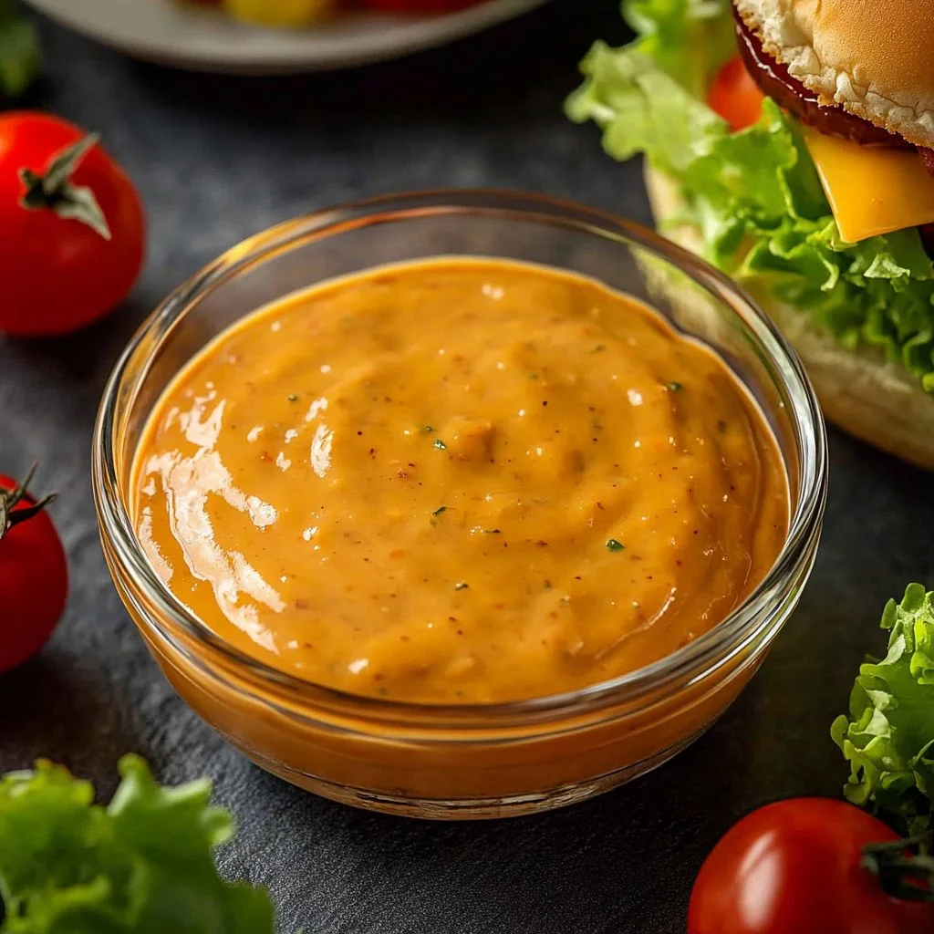 Homemade Big Mac Sauce recipe with ingredients and serving suggestion