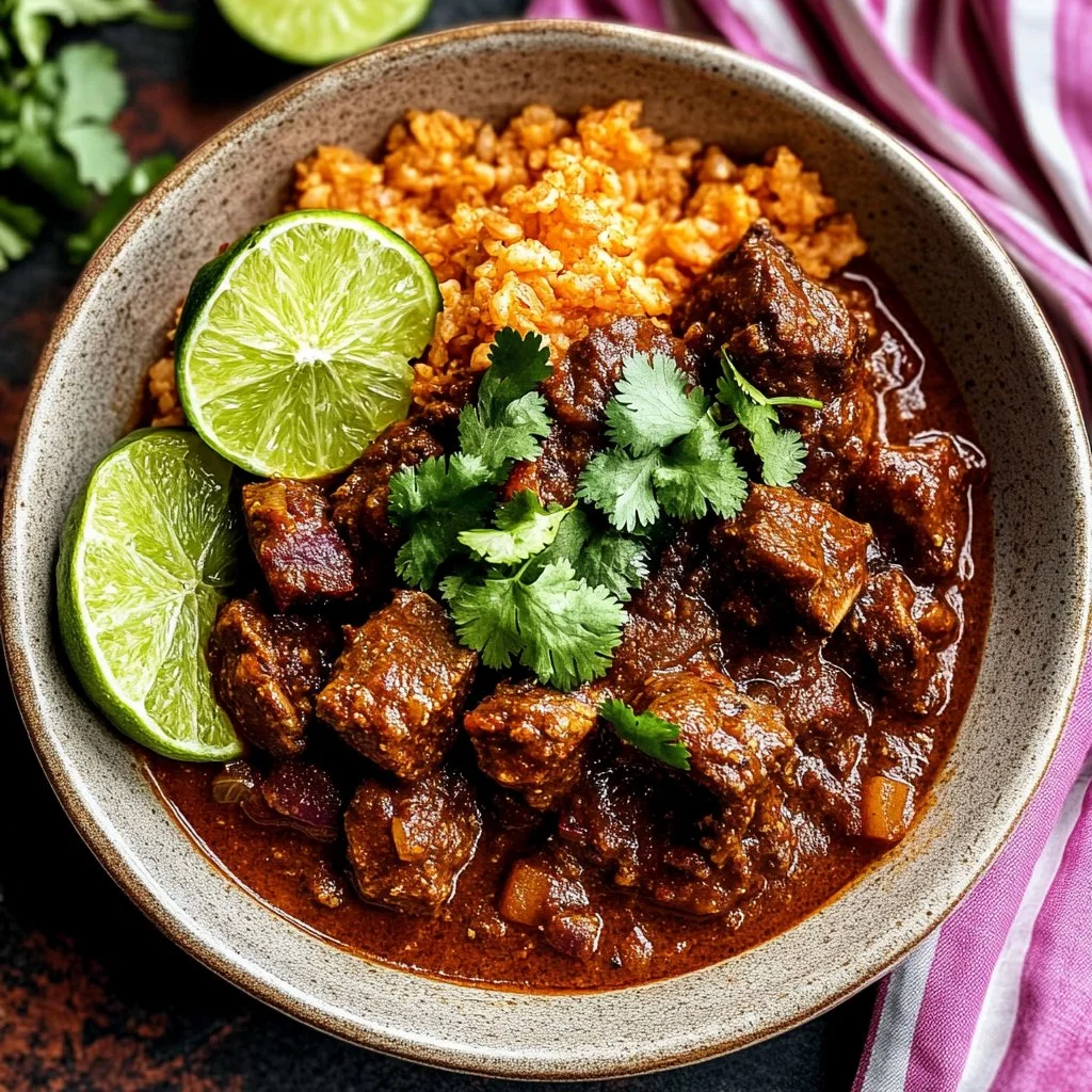 Cozy beef Chile Colorado stew served in a bowl with fresh herbs