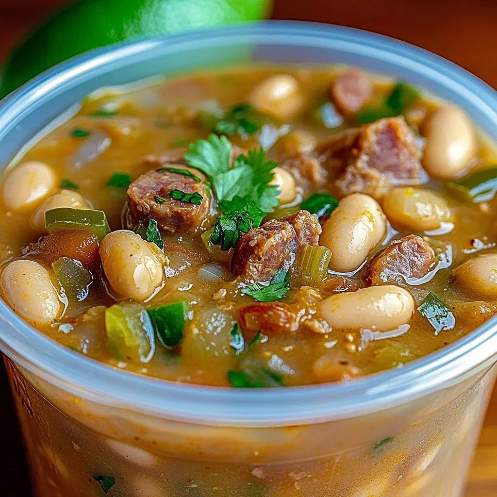 Cozy Cajun White Chicken Chili served in a bowl with herbs and spices.