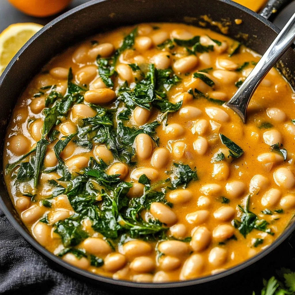 Delicious bowl of cozy creamy miso butter beans garnished with herbs