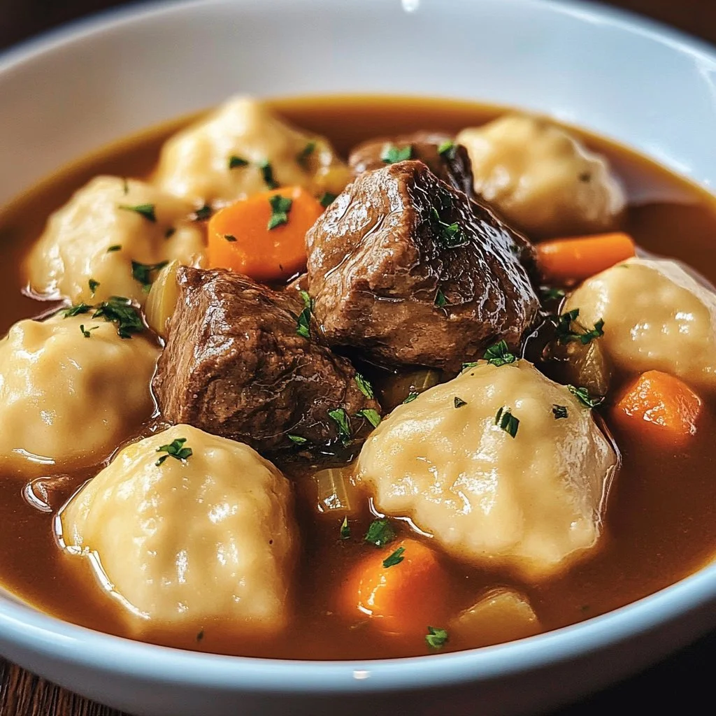 Cozy family beef stew with fluffy dumplings in a rustic bowl.