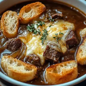 Delicious bowl of cozy French onion beef stew garnished with fresh herbs