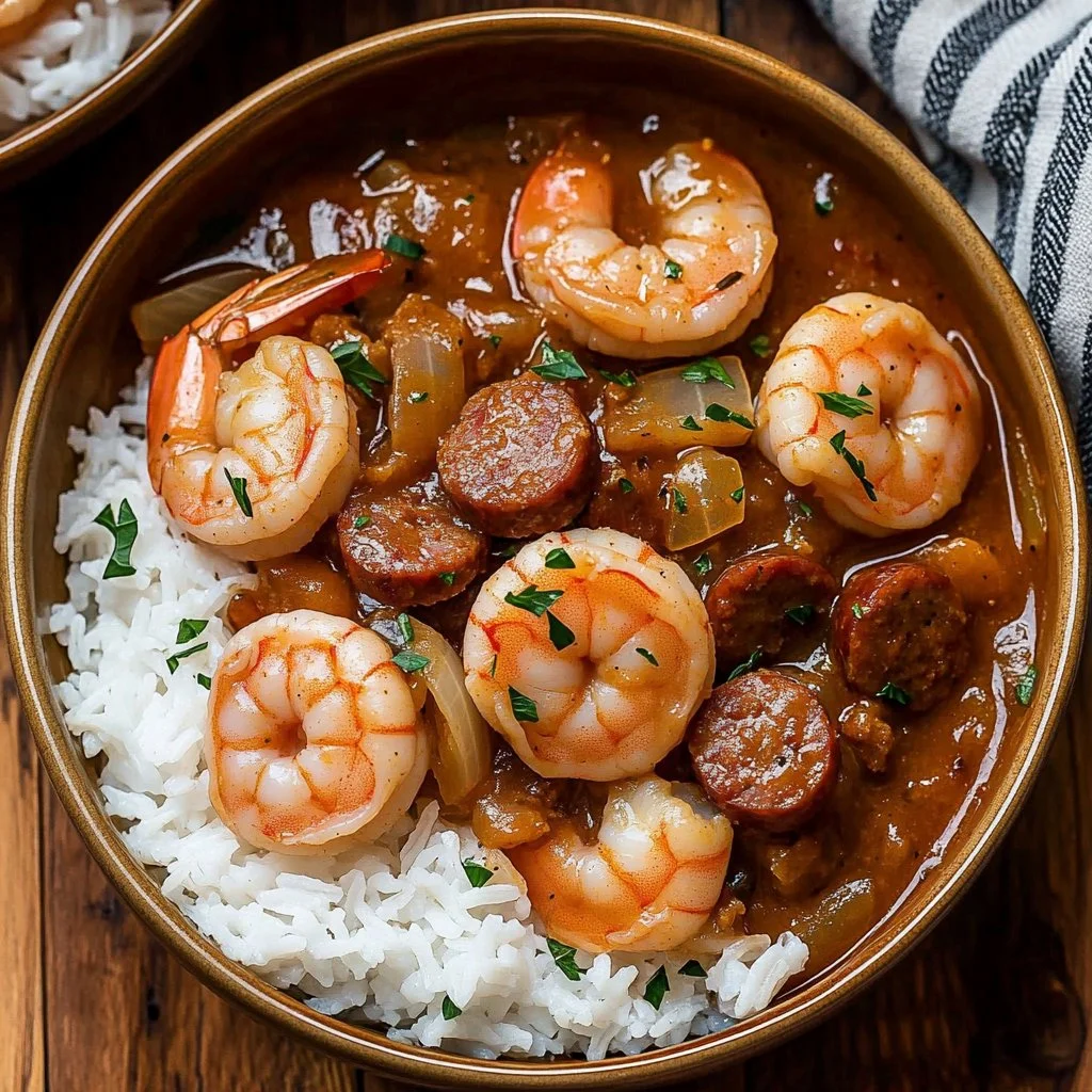 Bowl of cozy gumbo served with fresh herbs and spices.