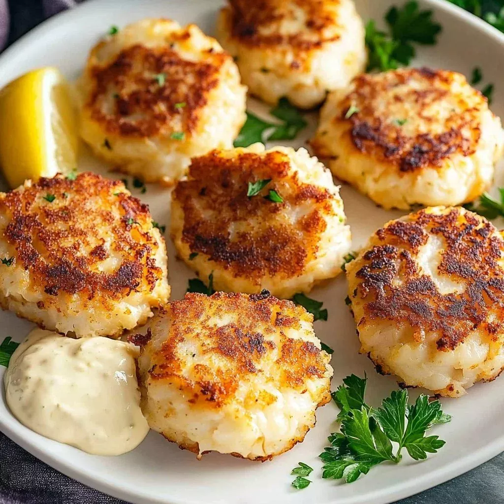 Golden brown homemade crab cakes served with tartar sauce on a plate.