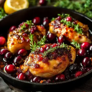 Cranberry Orange Glazed Chicken served on a white plate garnished with herbs