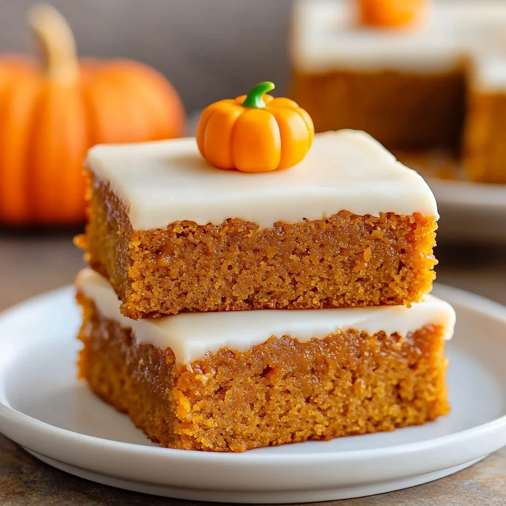 Delicious cream cheese frosted pumpkin bars on a plate, dessert for fall
