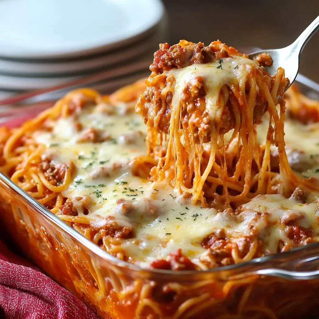 Cream Cheese Spaghetti Bake topped with herbs and cheese in a baking dish