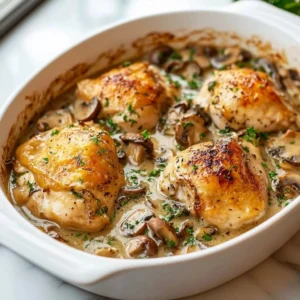 Cream of mushroom chicken bake in a casserole dish, topped with crispy breadcrumbs.