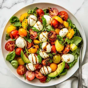 Creamy avocado Caprese salad with ripe tomatoes and fresh mozzarella